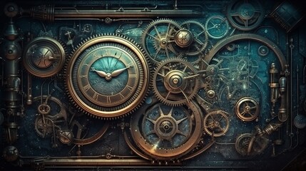Fototapeta na wymiar steampunk, backgrounds, industrial, vintage, retro, gears, machinery, clockwork, Victorian, technology, gears and cogs, mechanical, grunge, steam-powered, fantasy, industrial generative ai