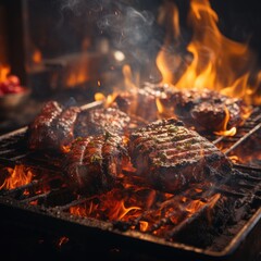 Grilled tasty meat, beaf steak on bbq open fire
