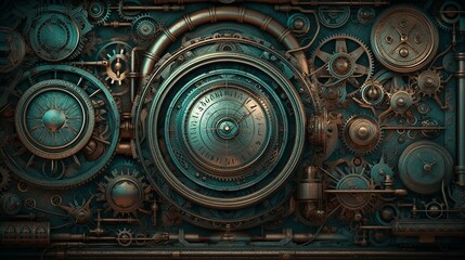 Obraz na płótnie Canvas steampunk, backgrounds, industrial, vintage, retro, gears, machinery, clockwork, Victorian, technology, gears and cogs, mechanical, grunge, steam-powered, fantasy, industrial generative ai