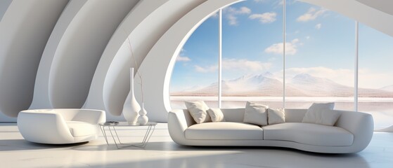 Fototapeta na wymiar A futuristic white living room with a sprawling sofa, offering a glimpse of the surreal, sci-fi realm just beyond its walls.