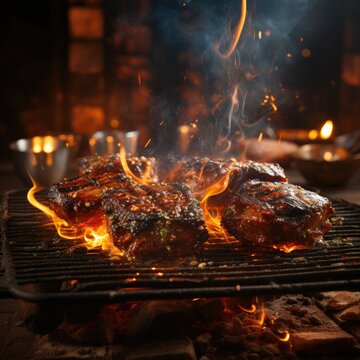 Grilled tasty meat, beaf steak, skewer on bbq open fire on background of dark cuisine