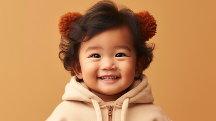 Smiling Asian toddler boy in neutral outfit, posing against a light beige studio backdrop. Generative AI