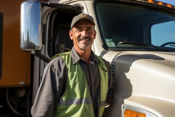 Naklejka premium Caucasian Man Truck Driver Background Scene Strong Generative AI