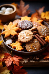 Obraz na płótnie Canvas An assortment of freshly baked autumn-themed cookies, such as leaves and acorns