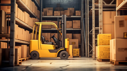 A modern warehouse with shelves filled with boxes, and a forklift standing by