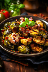 A plate of roasted Brussels sprouts with bacon and balsamic glaze