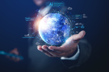 Businessmen present the business world of the graphic future in the form of innovative digital business processing technology. The composition of this image is decorated by NASA.