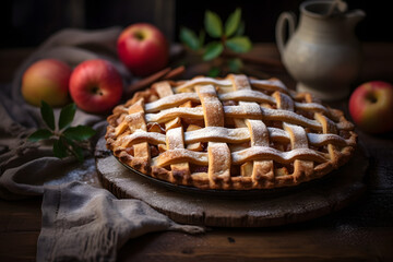 A rustic apple pie with a lattice crust on a wooden table - obrazy, fototapety, plakaty