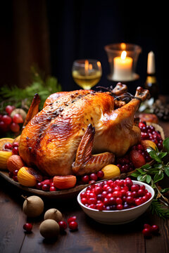 A Traditional Thanksgiving Dinner Spread, Including Roasted Turkey, Stuffing, And Cranberry Sauce