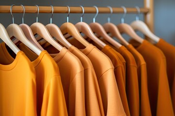 Fototapeta premium Plain new teal sweatshirts on hangers clothing store. Sale, shopping . Casual clothes for autumn season. Close up.