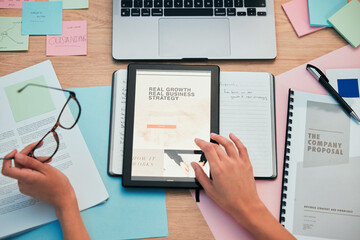 Tablet, screen and hands, company website and paperwork, business proposal and workspace. Person at...