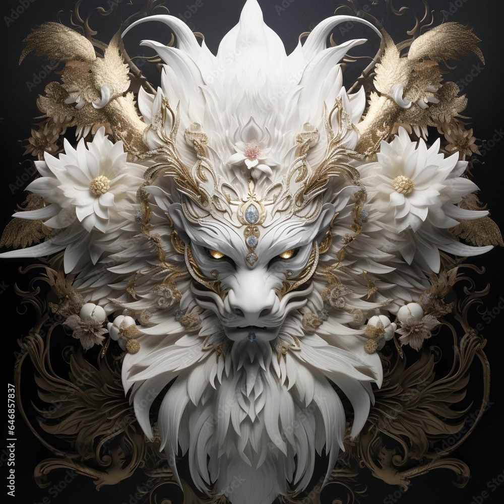 Poster AI generated illustration of a majestic lion head with a vibrant array of white flowers