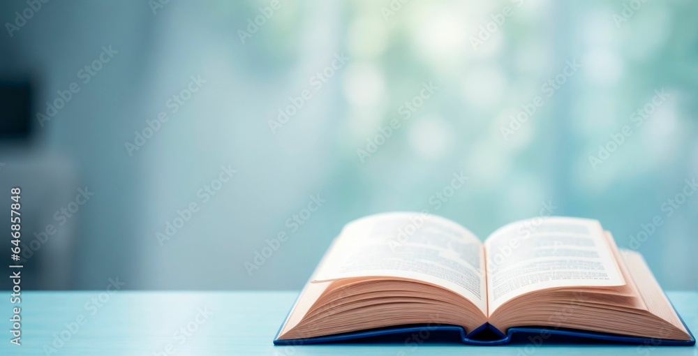 Poster an open book on top of a table in front of a bright window
