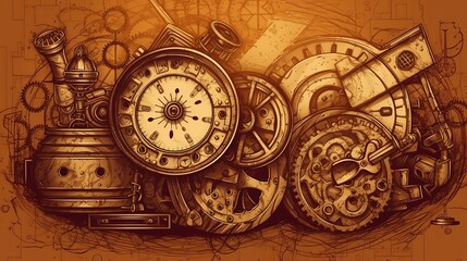 Obraz na płótnie Canvas steampunk, backgrounds, industrial, vintage, retro, gears, machinery, clockwork, Victorian, technology, gears and cogs, mechanical, grunge, steam-powered, fantasy, industrial generative ai