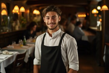Fototapeta premium Caucasian Man Waiter Backdrop Scene Hard Working Generative AI