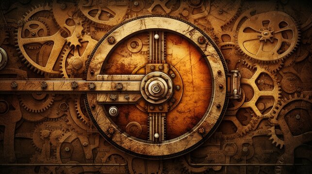 steampunk, backgrounds, industrial, vintage, retro, gears, machinery, clockwork, Victorian, technology, gears and cogs, mechanical, grunge, steam-powered, fantasy, industrial generative ai