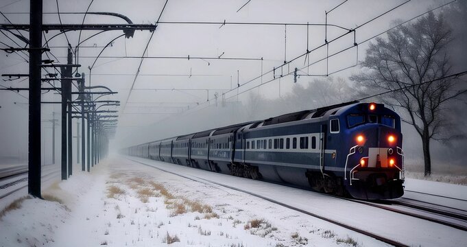 Blue train is pictured in motion on a set of snow-covered railroad tracks. AI-generated.