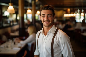 Fototapeta premium Caucasian Male Waiter Background Scene Good Looking Generative AI