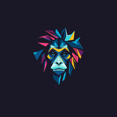 Colorful polygonal monkey head mascot logo, abstract geometric chimpanzee portrait in modern futuristic style with luminous colors. Versatile brand symbol for modern tech companies. Vector logo.