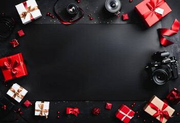 AI generated illustration of a frame with a black background filled with gifts and a camera
