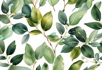 AI generated illustration of green watercolor leaves on a pristine white background