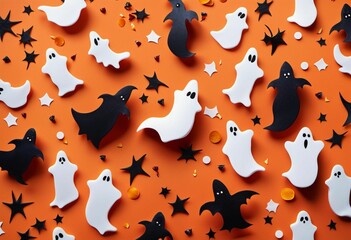 AI generated illustration of a Halloween-themed collage with paper cutouts of ghosts