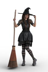 Cute young fairy tale witch standing in black costume holding a broomstick. Isolated 3D illustration.