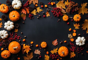 AI generated illustration of an autumnal frame with a vibrant assortment of pumpkins and leaves
