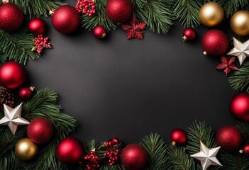 AI generated illustration of a Christmas frame with red decorations against a black background