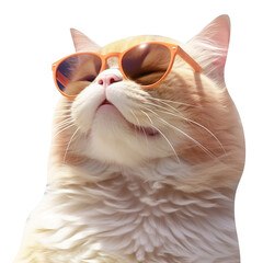 Closeup portrait of funny ginger cat wearing sunglasses isolated on white. Shallow focus.