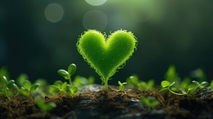Plant growing out of a heart shaped soil with bokeh background.