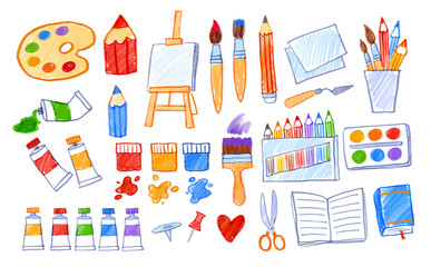 Felt pen vector illustrations collection of child drawings of art supplies