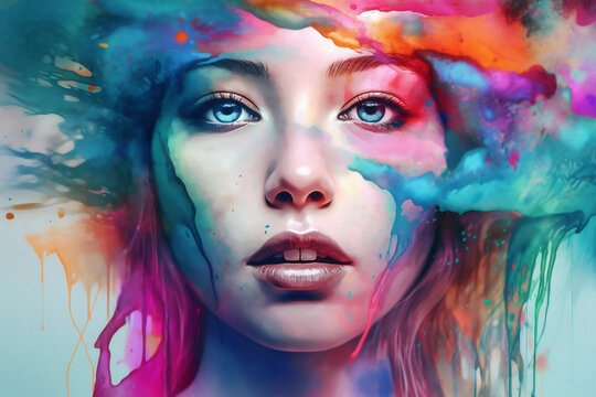 style woman paint beauty face lip watercolor portrait colourful art illustration. Generative AI.