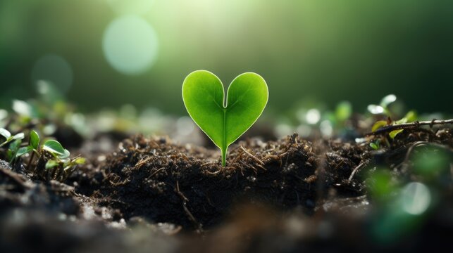 Plant growing out of a heart shaped soil with bokeh background.