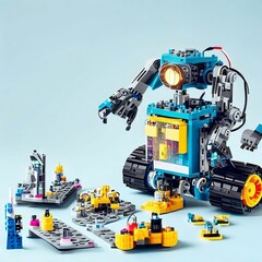 Naklejka premium a blocks robot with a small construction vehicle in front of him