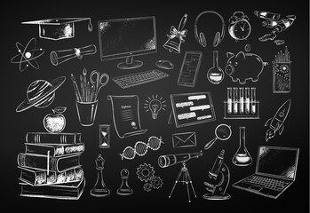 Vector black and white chalk drawn illustration set of education and science items on chalkboard background. - obrazy, fototapety, plakaty