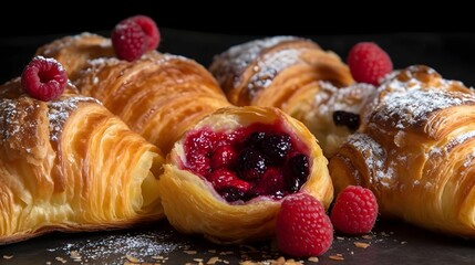 Plate of fresh puff pastries with raspberries and powdered sugar, AI-generated.