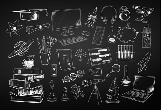 Vector black and white chalk drawn illustration set of education and science items on chalkboard background.