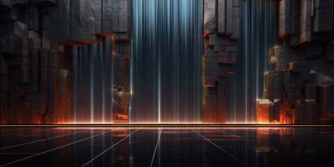 Wall of stones with three waterfalls and neon lines. AI Generation 