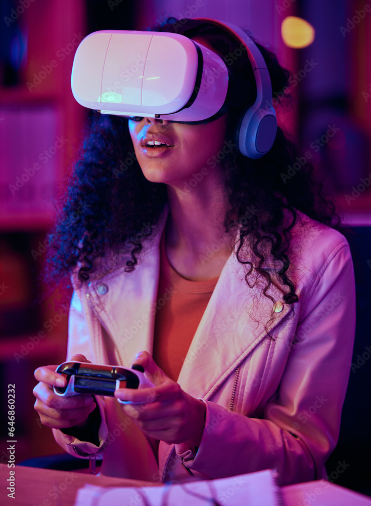 Poster vr, glasses and woman, gaming developer and programmer test game software, futuristic technology and