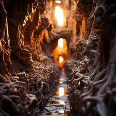 AI generated illustration of an idyllic tunnel with peculiarly shaped trees and a winding creek,