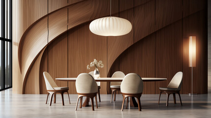 Minimalist interior design of modern dining room with abstract wood paneling arched wall. Generative AI