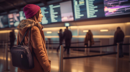 Woman in airport looking to flight timetable