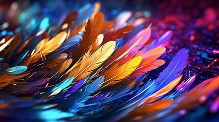 AI generated illustration of a vibrant array of colorful feathers scattered in a pile