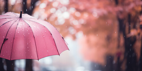 Close-up of a pink cropped umbrella with raindrops on a blurred background of overcast gloomy fall weather.  - obrazy, fototapety, plakaty