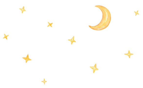 Watercolor Illustration Of Moon And Stars. Night Sky Transparent Background