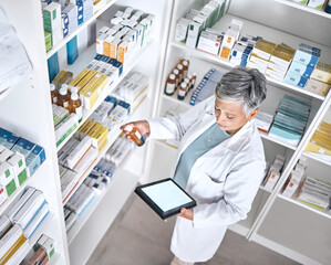 Medicine, tablet screen and pharmacy woman reading product, bottle or medical stock. Mockup space,...