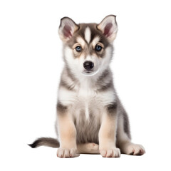 Portrait cute husky dog with big blue eyes on white background. Surprise concept