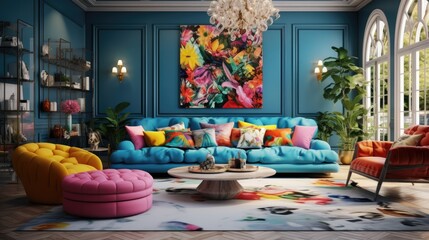 Living room in kitsch style. Incredible fairytale design and vibrant colors.