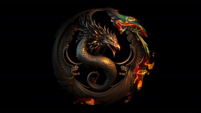 A Fantastic Manifestation From The Flames Of A Golden Dragon. Illustration On The Theme Of Fantasy And Animation, Horror And Fear, Halloween And Effects.